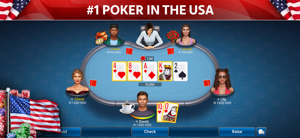 Texas Hold'em Poker: Pokerist - Jugabilidad de Texas Hold em Pokerist con una mesa en 3D y gráficos con temática de EE. UU.