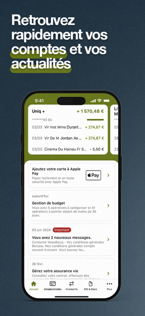 Monabanq - Banque en ligne - Pantalla de inicio de la aplicación móvil Monabanq mostrando el saldo de la cuenta y el historial de transacciones