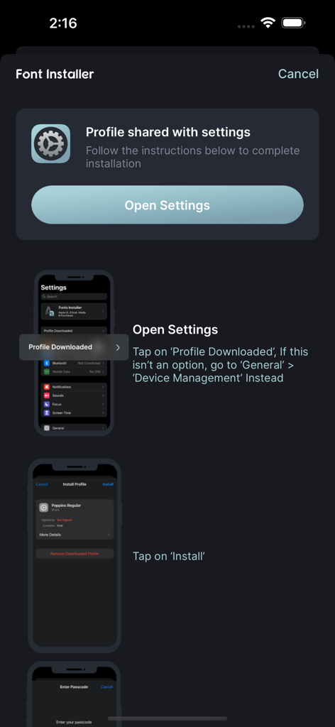 Guide étape par étape dans l'application montrant comment installer des profils de polices dans les paramètres de l'iPhone