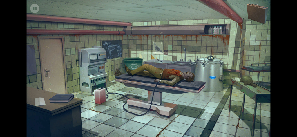 Nobodies: Murder Cleaner - A hand-drawn laboratory crime scene with a body on a surgical table from the game Nobodies Murder Cleaner.