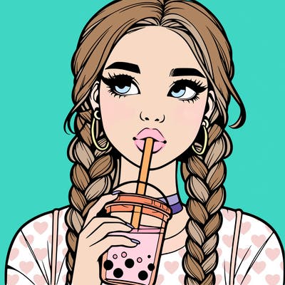 realistic girl with braided hair drinking boba