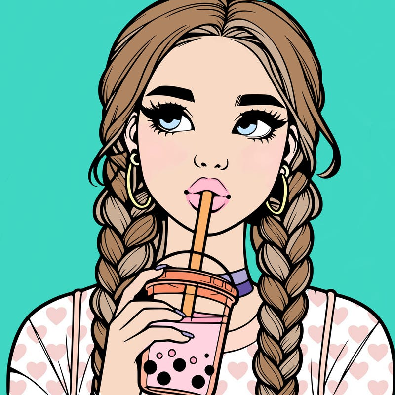 realistic girl with braided hair drinking boba