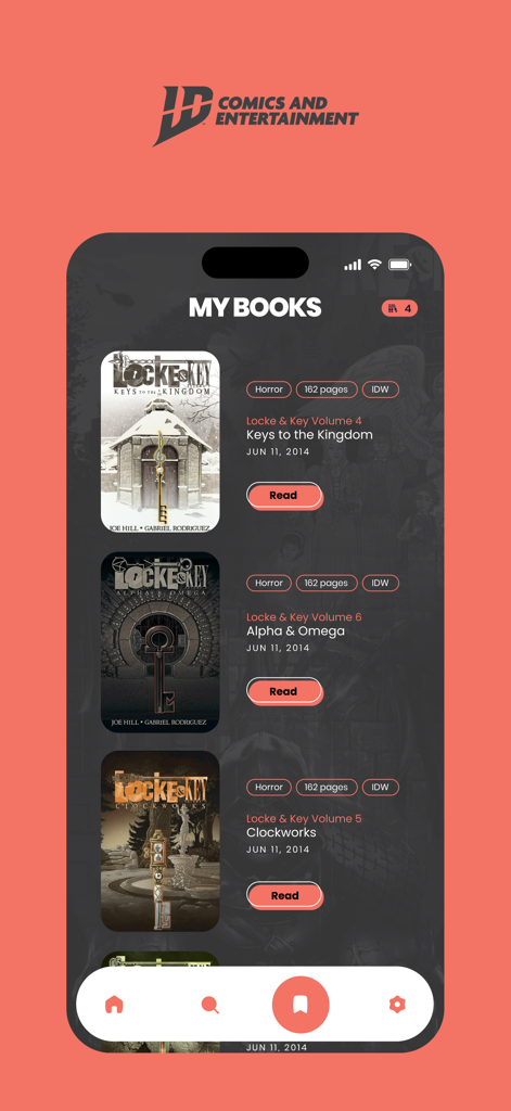 IDW Digital Comics Experience - The My Books screen of the IDW Digital Comics app showing a collection of Locke and Key graphic novels with read buttons.