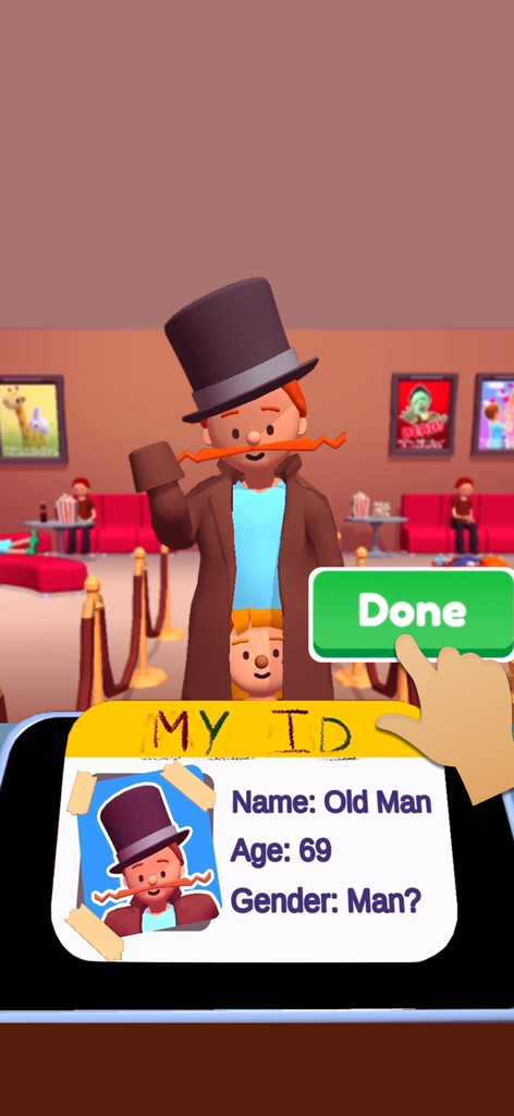Cinema Tycoon 3D - A humorous identity verification gameplay screen in Cinema Tycoon 3D showing a character in a fake mustache and top hat.