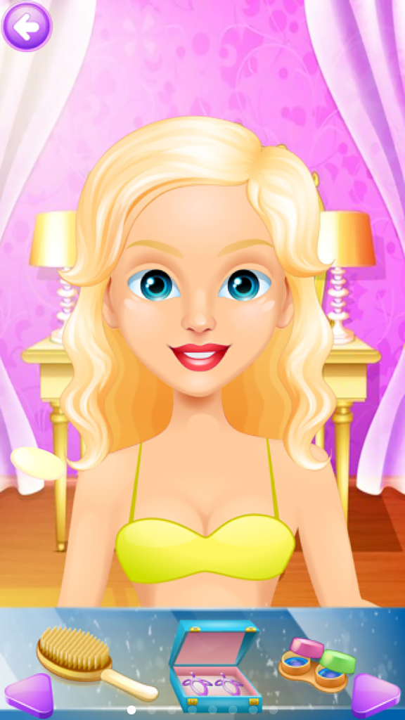 Baby & Mommy Story - Kids Games (Boys & Girls) - A blonde mommy character in the makeup and dress up section of the Baby and Mommy Story kids game