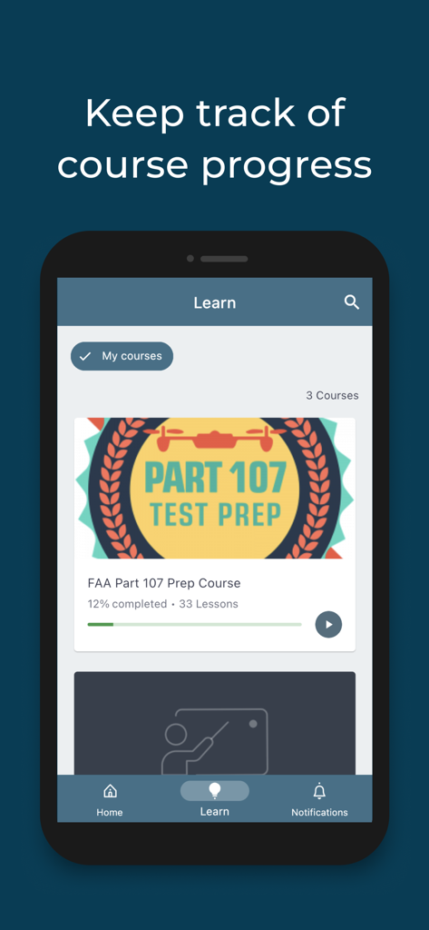 Acompanhamento do progresso do Curso de Preparação FAA Parte 107 no aplicativo Drone U