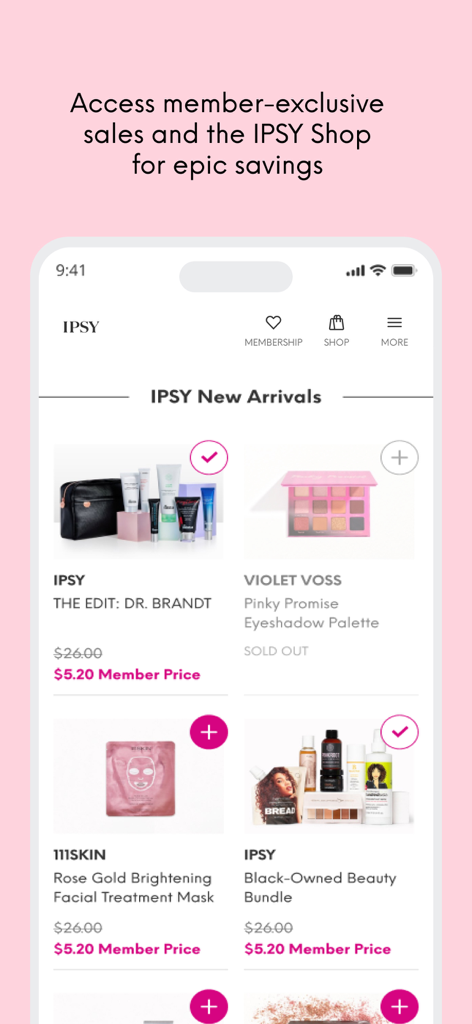 IPSY app shop displaying exclusive member prices and new beauty arrivals with significant savings