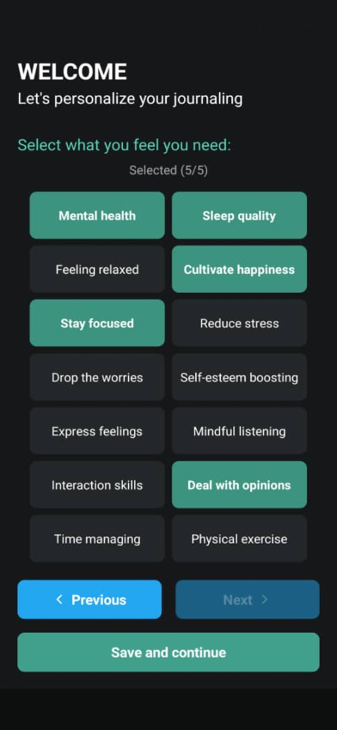 Pantalla de incorporación de la aplicación WellBe para personalizar objetivos de diario como salud mental, calidad del sueño y concentración.