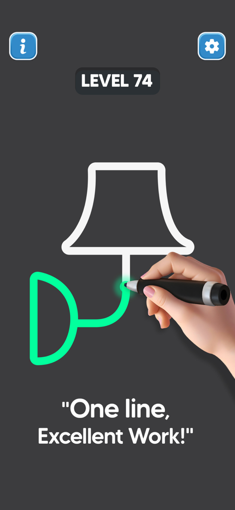 A hand tracing a lamp silhouette with a single continuous line in a mobile puzzle game