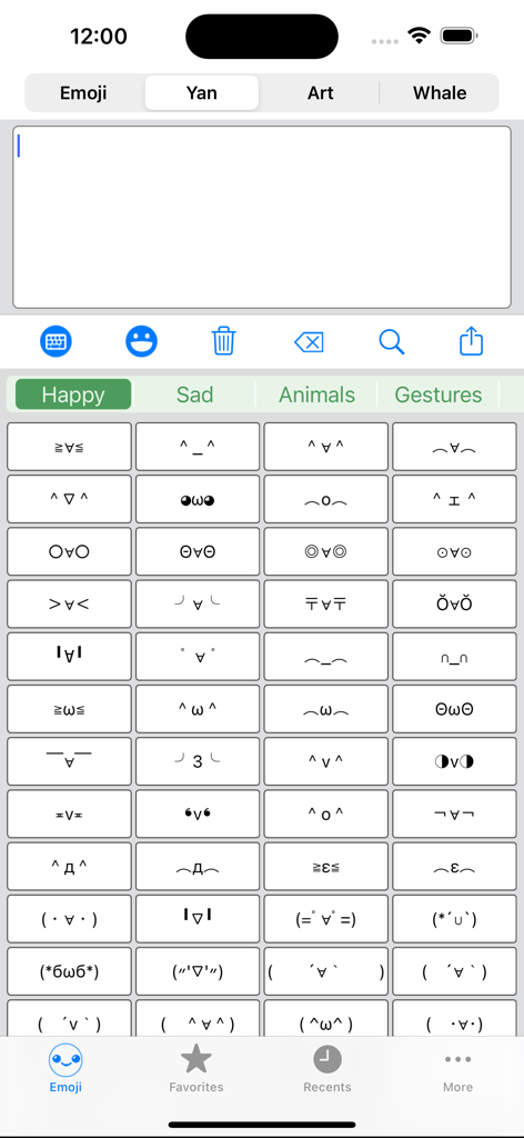Emoji Keyboard Emoticons - Una cuadrícula de emoticonos de texto estéticos y caracteres kaomoji dentro de la interfaz de la aplicación Teclado Emoji.