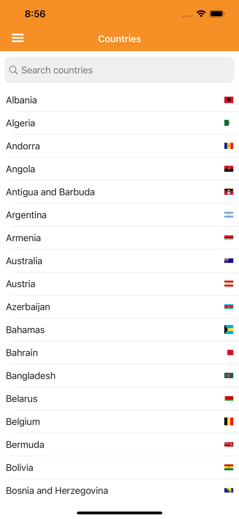 All Sport DB Live - All Sport DB Liveアプリに、国旗とともに国のリストが表示されています。