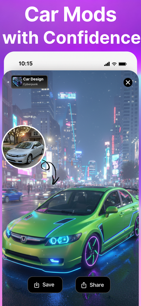 Pantalla de smartphone que muestra una modificación de coche generada por IA en estilo cyberpunk.