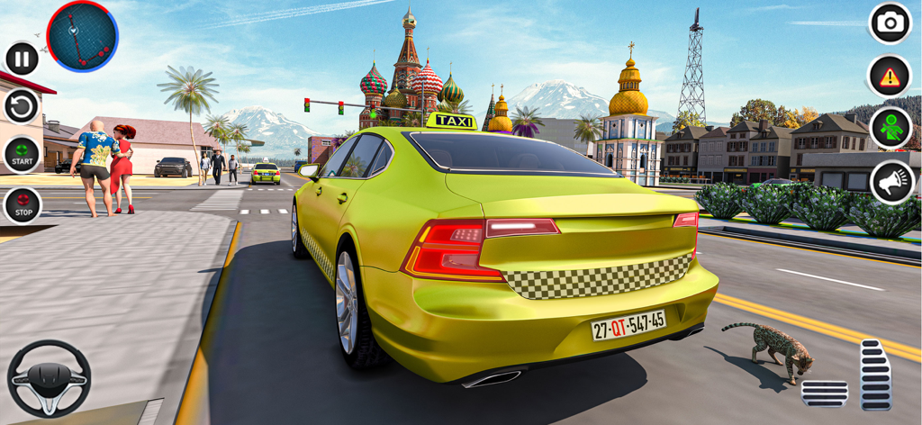 Taxi Simulator City Taxi Games - Gameplay screenshot of a yellow taxi driving through a detailed 3D city in a taxi simulator game.