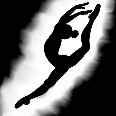 gymnast doing a leap in a leotard with a bent back leg