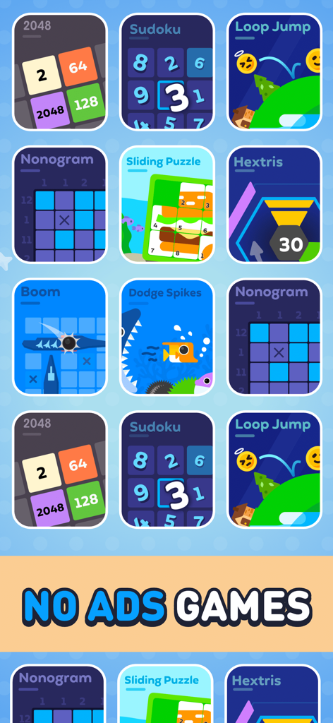 Offline Games No Wifi Games - - Grid of various mini game icons including Sudoku 2048 and Nonogram with a banner that says No Ads Games