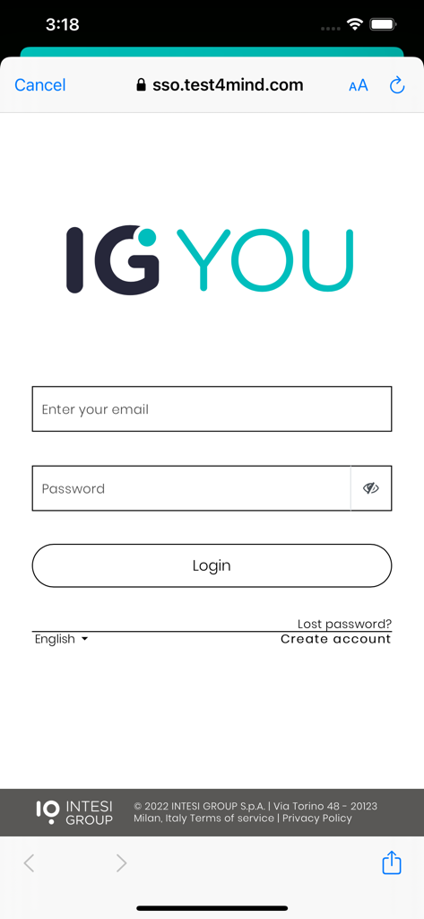 IG YOU - Schermata di login dell'app IG YOU con campi di inserimento per email e password.