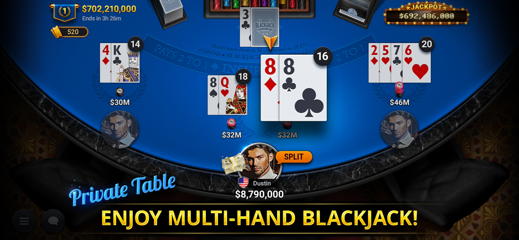 Blackjack Championship - A player participating in a multi-hand blackjack game at a private table in the Blackjack Championship app