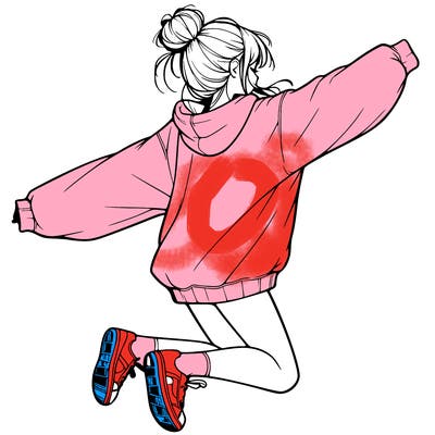 realistic girl jumping with a bun and oversized sweatshirt