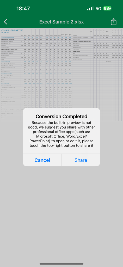 Una ventana emergente de notificación que confirma la conversión exitosa de un PDF a una hoja de cálculo de Excel con una opción para compartir