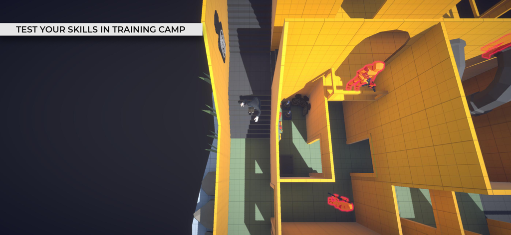 Agent Al - Top-down view of Agent Al infiltrating a stylized low-poly training camp with enemies highlighted in red.