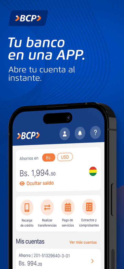 Banca Móvil BCP - Bolivia - Banca Movil BCP Bolivia mobile app screen showing account balance and financial services