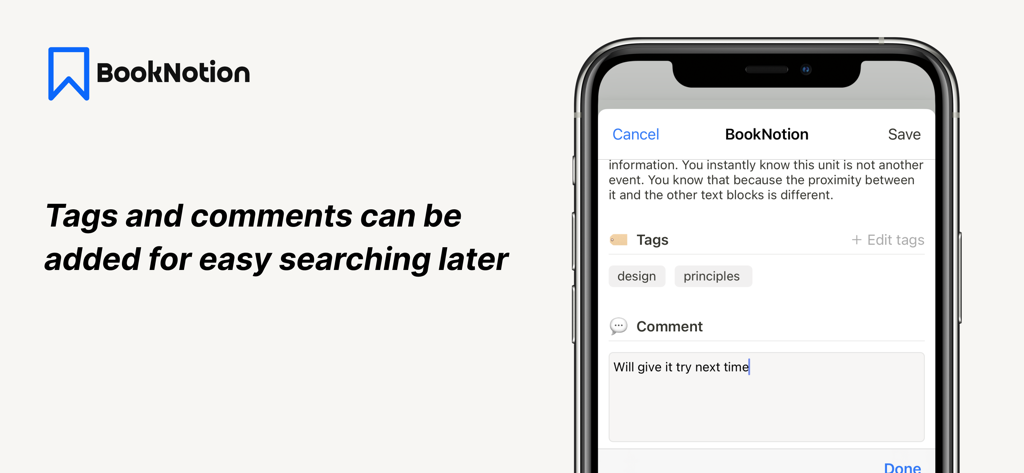 A mobile interface for the Book Notion app showing how to add tags and personal comments to book highlights for easy organization.