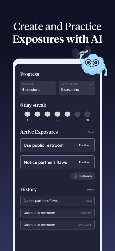 Choiceful: OCD Treatment App - Dashboard of Choiceful OCD app showing exposure practice planning and progress tracking