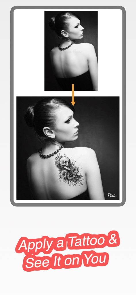 A before and after comparison of a skull tattoo applied to a woman back using Pixie AI