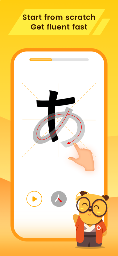 A hand practicing Japanese hiragana character writing on the LingoDeer app screen