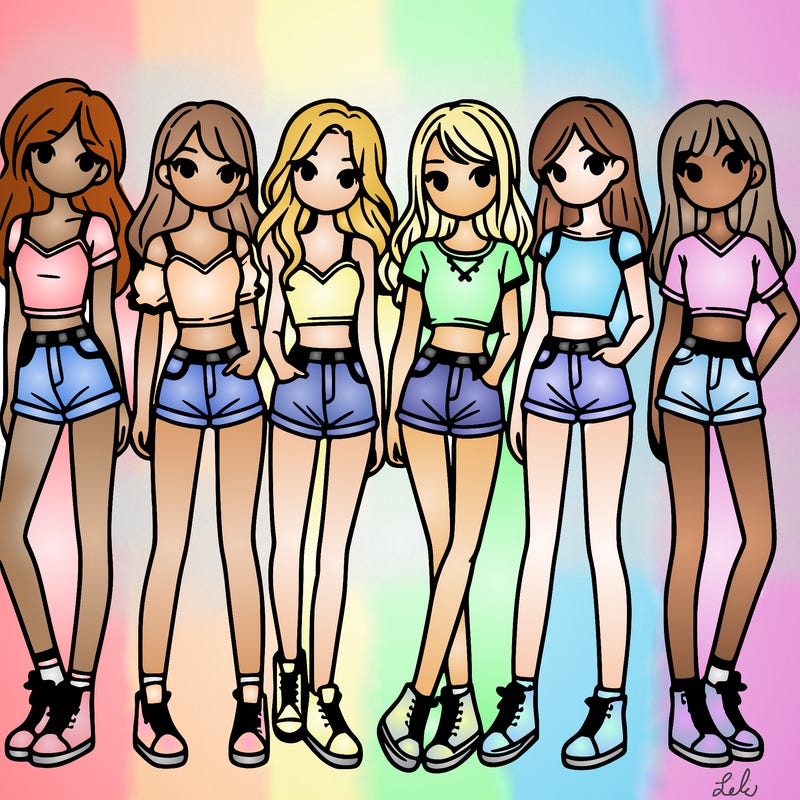 a group of girls wearing crop tops and shorts