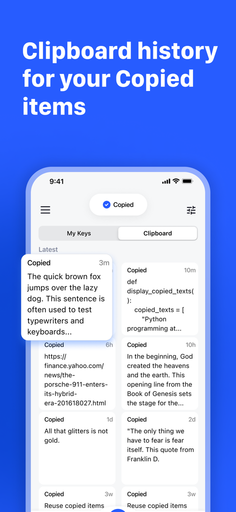 Copied - Auto Paste Keyboard - Interfaz de la aplicación Copied que muestra el historial del portapapeles con varios fragmentos de texto y enlaces guardados en un iPhone.