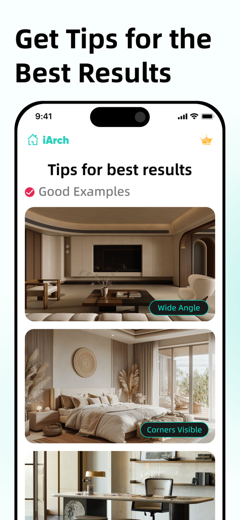 iArch - AI  Home Design - A screen in the iArch app displaying tips and examples for the best room photography results