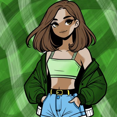 a realistic girl with a crop top and short shorts in an open jacket