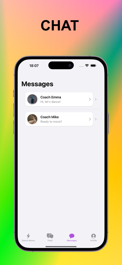 The messages screen of the Toik app showing chat threads with dance coaches Emma and Mike.