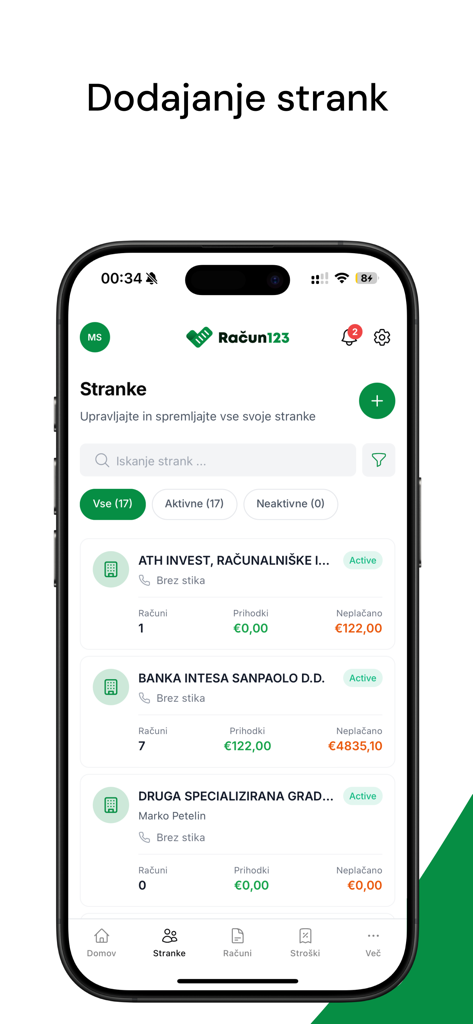 Račun123 - Interfaz de la app móvil Račun123 mostrando una lista de clientes comerciales con sus respectivos recuentos de facturas, ingresos y montos pendientes de pago.