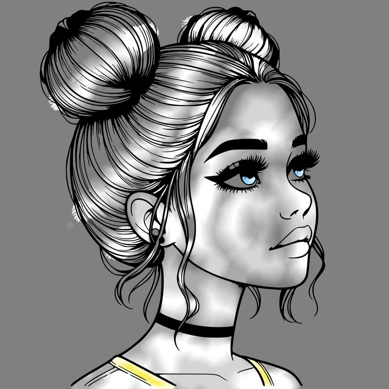 realistic girl with buns on the top of her head