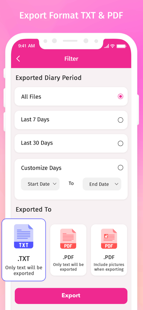 Secret Diary With Lock - Interface for exporting diary entries as TXT or PDF files