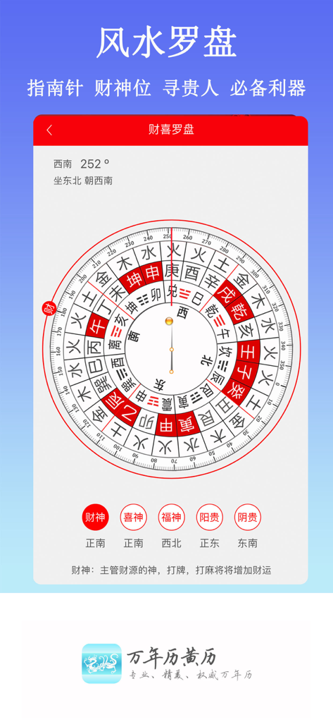 萬年歷黃歷 - 金運のための縁起の良い方向を示す、中國旧暦アプリの風水コンパスインターフェース