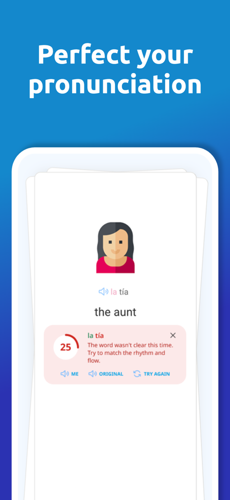 DuoCards: Language Learning - 실시간 피드백 및 오디오 재생 옵션이 있는 발음 연습 단어 카드를 보여주는 DuoCards 앱 인터페이스