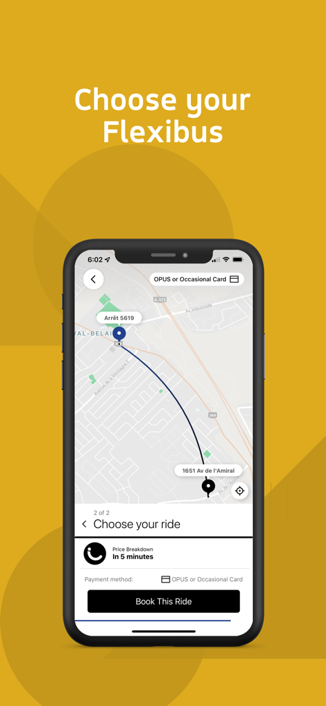 RTC Flexibus - Smartphone screen showing the RTC Flexibus app interface with a map route and a button to book a ride