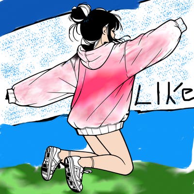 realistic girl jumping with a bun and oversized sweatshirt
