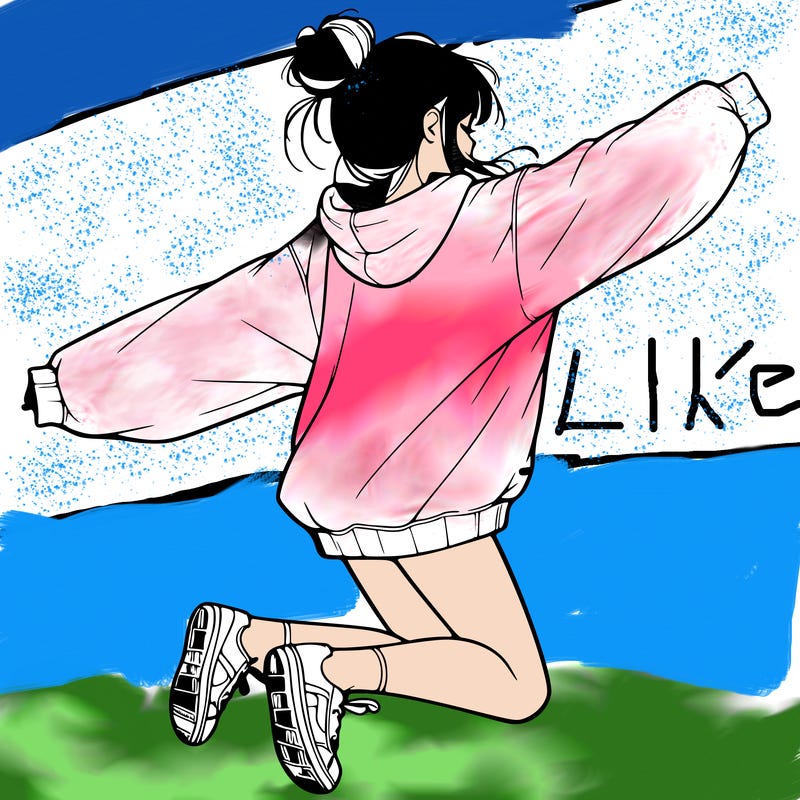 realistic girl jumping with a bun and oversized sweatshirt