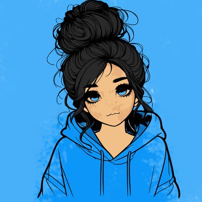 realistic girl with a massy bun and a hoodie