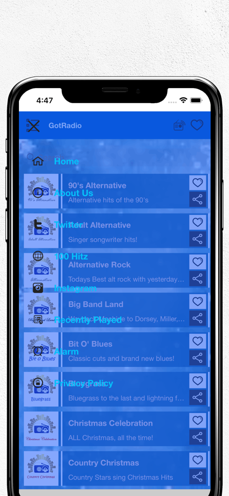 GotRadio.com - GotRadio mobile app screen showing a list of music stations and navigation menu