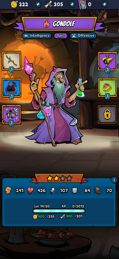 Mobile Dungeon: RPG Crawler - Character profile of Gondolf the wizard in Mobile Dungeon RPG Crawler showing stats and epic equipment