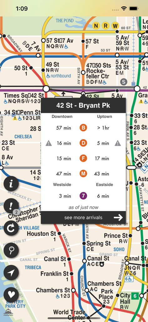 Underway: NYC Subway Transit - Real-time train arrival times for Bryant Park station displayed on the NYC subway map in the Underway app