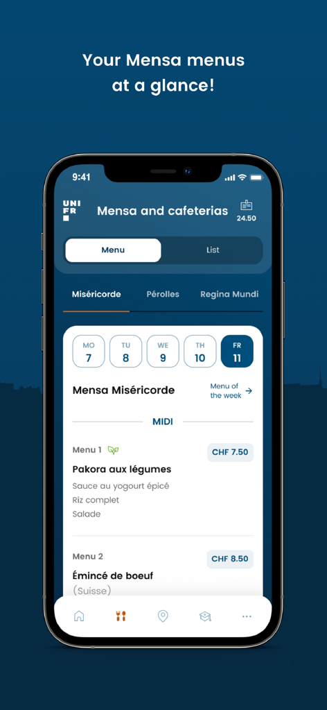 Interface do aplicativo UNIFR Mobile mostrando o cardápio diário do refeitório do Mensa da Universidade de Friburgo com preços.
