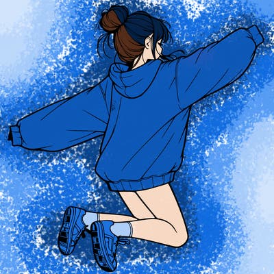realistic girl jumping with a bun and oversized sweatshirt
