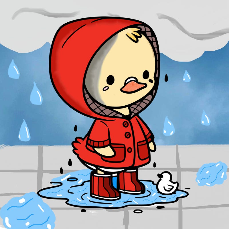 baby duck in a rain coat and boots, in a puddle while it’s raining