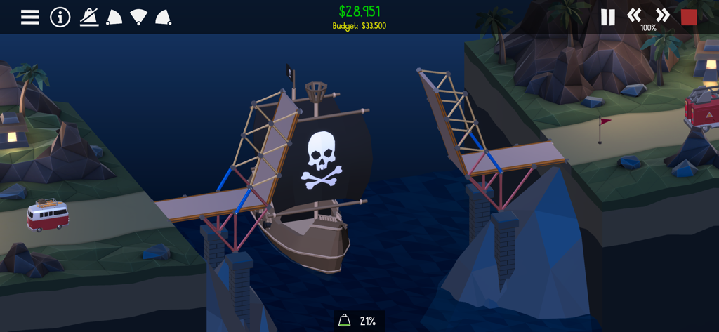 Una nave pirata che passa sotto un ponte levatoio sollevato in Poly Bridge 2